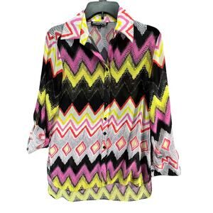 Mishca Blouse Women S Multicolor Zig Zag Chevron Roll Tab Sleeves Sheer Eclectic